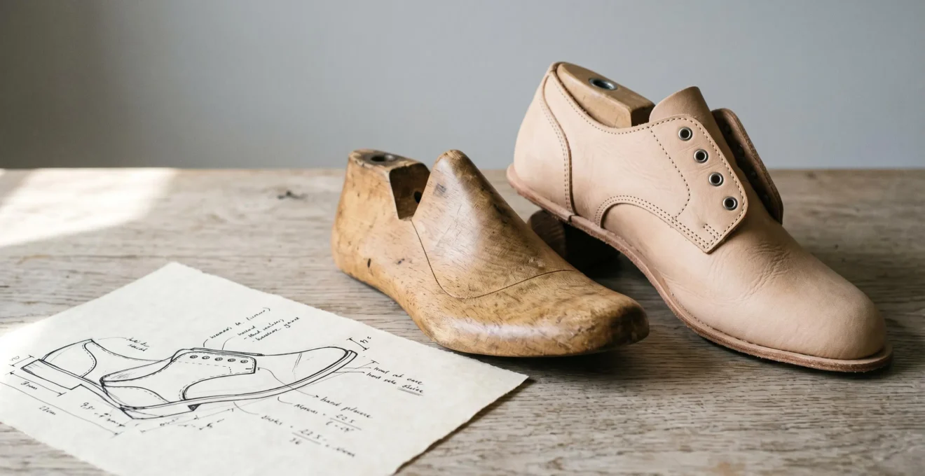 Composition minimaliste montrant la progression de la création d'une chaussure : croquis technique à l'encre, embauchoir en bois patiné et derby féminine en cuir beige semi-finie sur table en bois clair