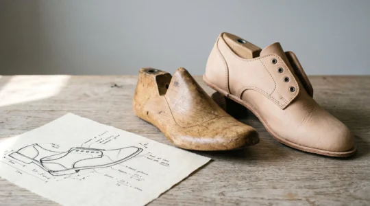 Composition minimaliste montrant la progression de la création d'une chaussure : croquis technique à l'encre, embauchoir en bois patiné et derby féminine en cuir beige semi-finie sur table en bois clair