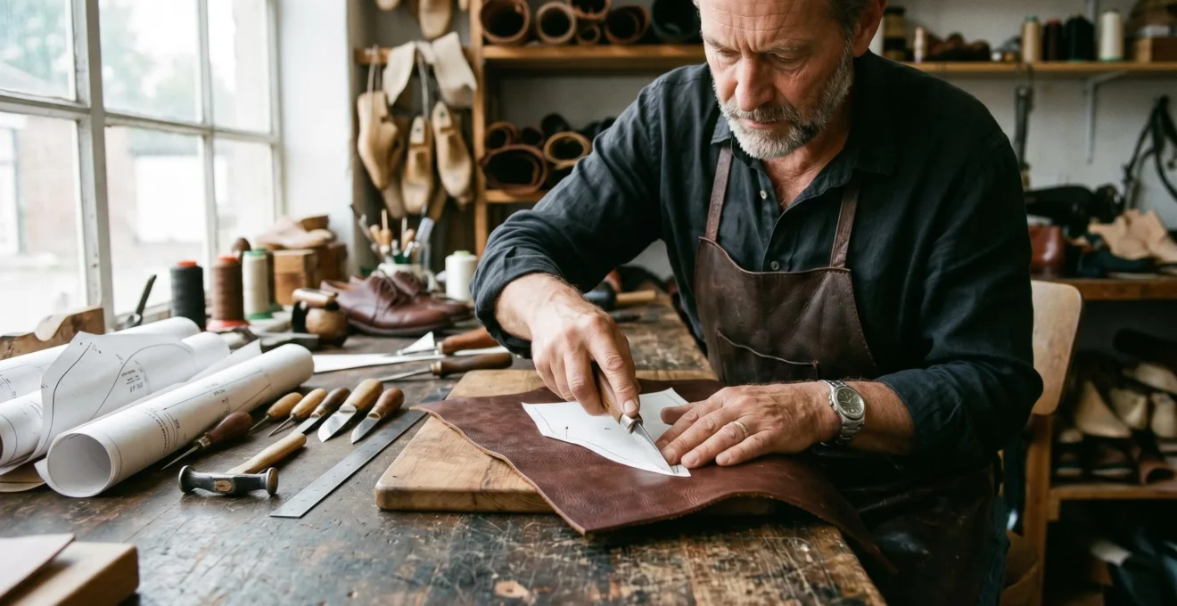 Artisan découpant une pièce de cuir végétal avec précision sur un établi d'atelier de chaussures de luxe