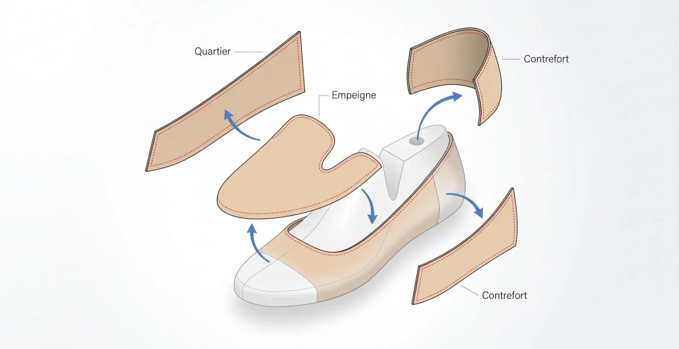 Illustration isométrique montrant la transformation du patron de chaussure déplié en pièces plates vers la forme tridimensionnelle montée sur embauchoir, avec annotations en français