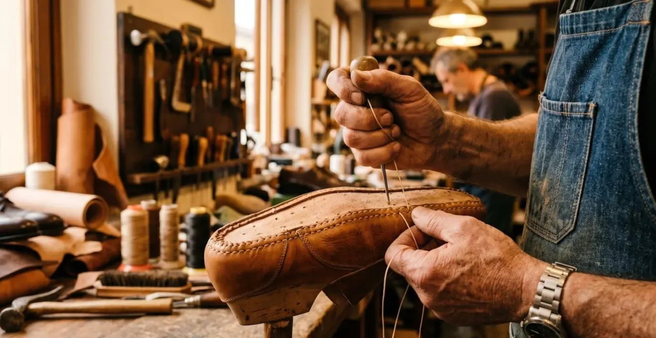 Mains d'un artisan cordonnier travaillant une pièce de cuir végétal dans un atelier de fabrication de chaussures de luxe