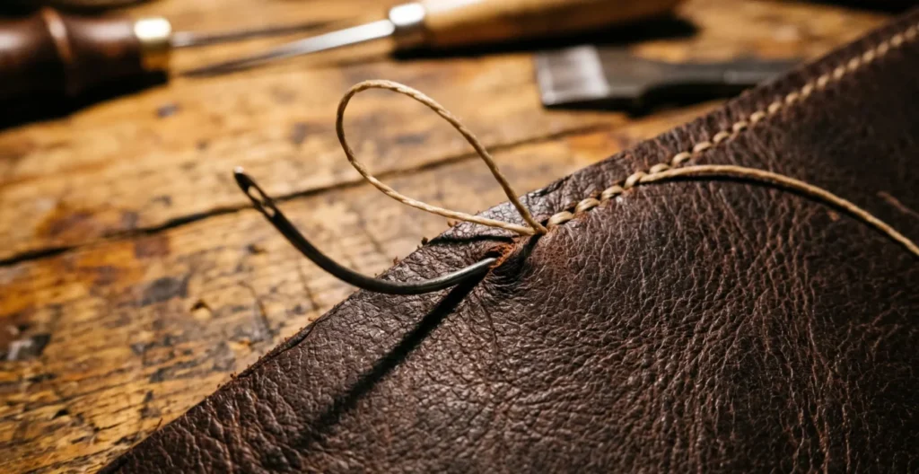 Gros plan macro sur une aiguille courbe traversant deux épaisseurs de cuir marron avec fil de lin ciré tendu, illustrant la précision de la couture main artisanale Gros plan macro sur une aiguille courbe traversant deux épaisseurs de cuir marron avec fil de lin ciré tendu, illustrant la précision de la couture main artisanale
