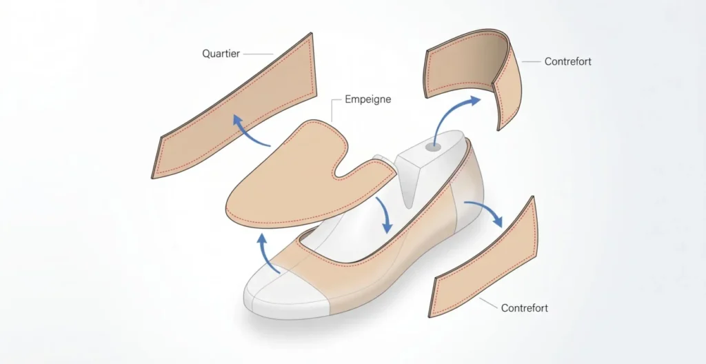 Illustration isométrique montrant la transformation du patron de chaussure déplié en pièces plates vers la forme tridimensionnelle montée sur embauchoir, avec annotations en français Illustration isométrique montrant la transformation du patron de chaussure déplié en pièces plates vers la forme tridimensionnelle montée sur embauchoir, avec annotations en français